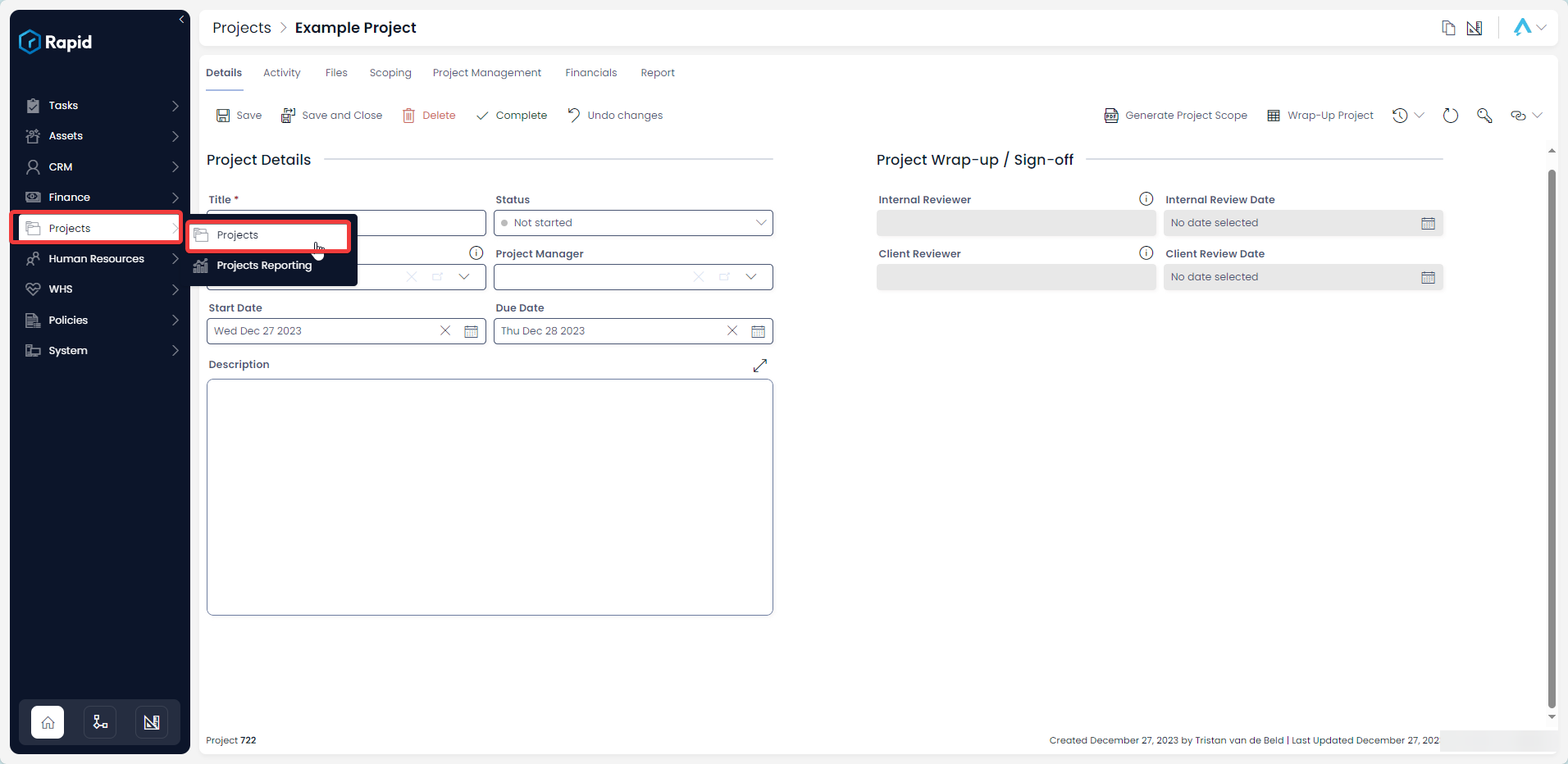 Side bar navigate to projects